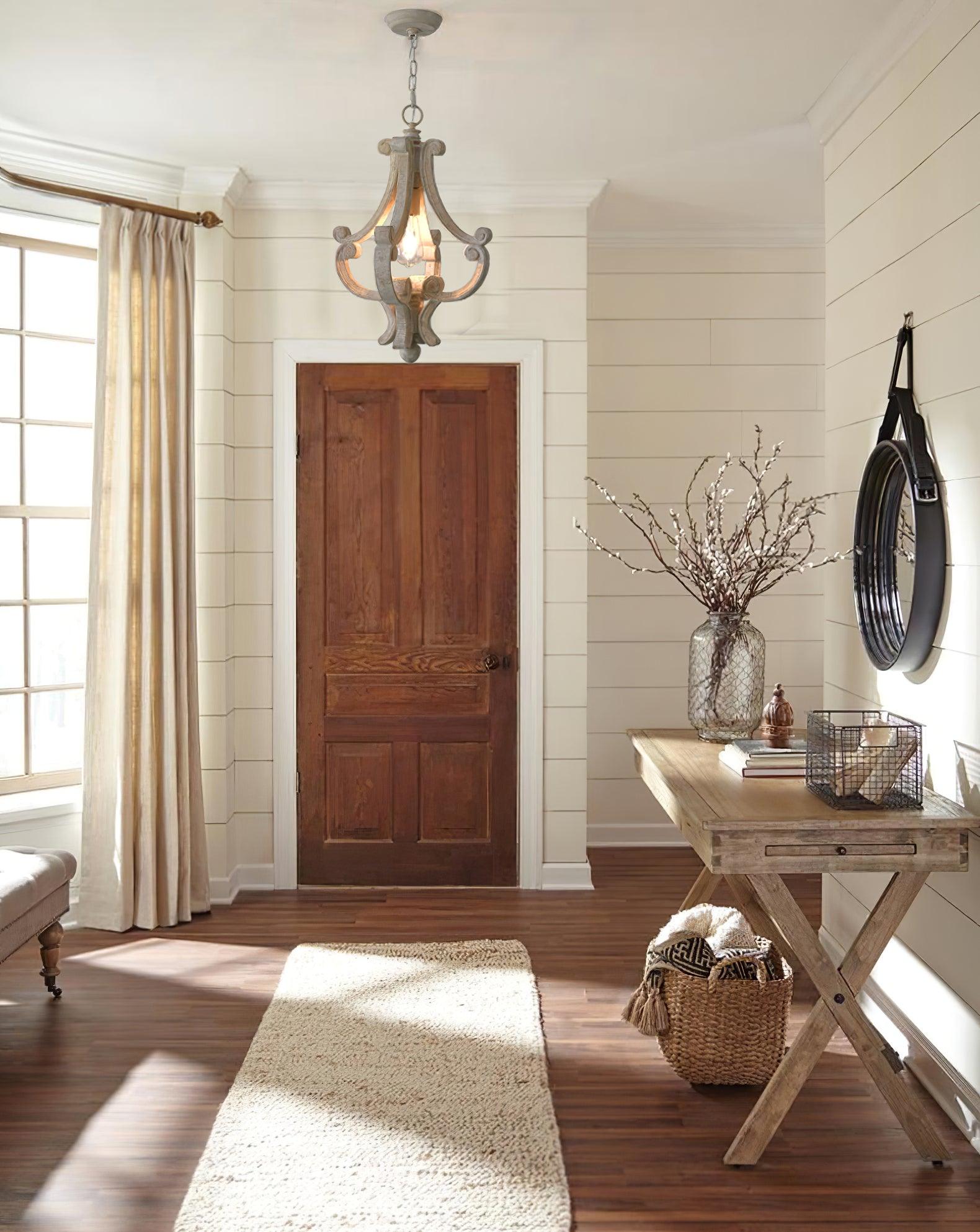 French Country Style Lantern Chandelier Wood Metal Pendant Light for Dining Room Entryway