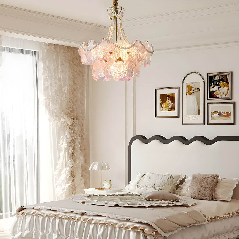 French Floral Tiered Glass Chandelier Modern Gold Metal Pendant Lighting for Bedroom and Living Room