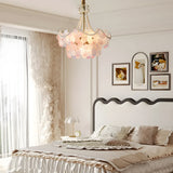 French Floral Tiered Glass Chandelier Modern Gold Metal Pendant Lighting for Bedroom and Living Room