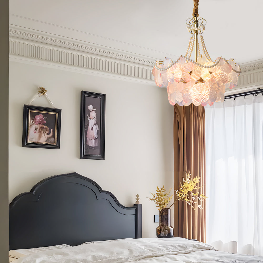 French Floral Tiered Glass Chandelier Modern Gold Metal Pendant Lighting for Bedroom and Living Room