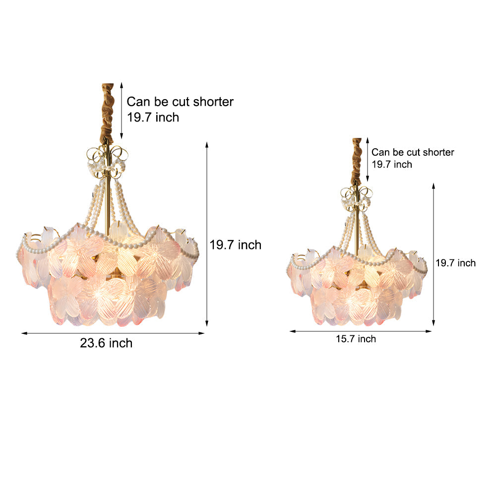 French Floral Tiered Glass Chandelier Modern Gold Metal Pendant Lighting for Bedroom and Living Room