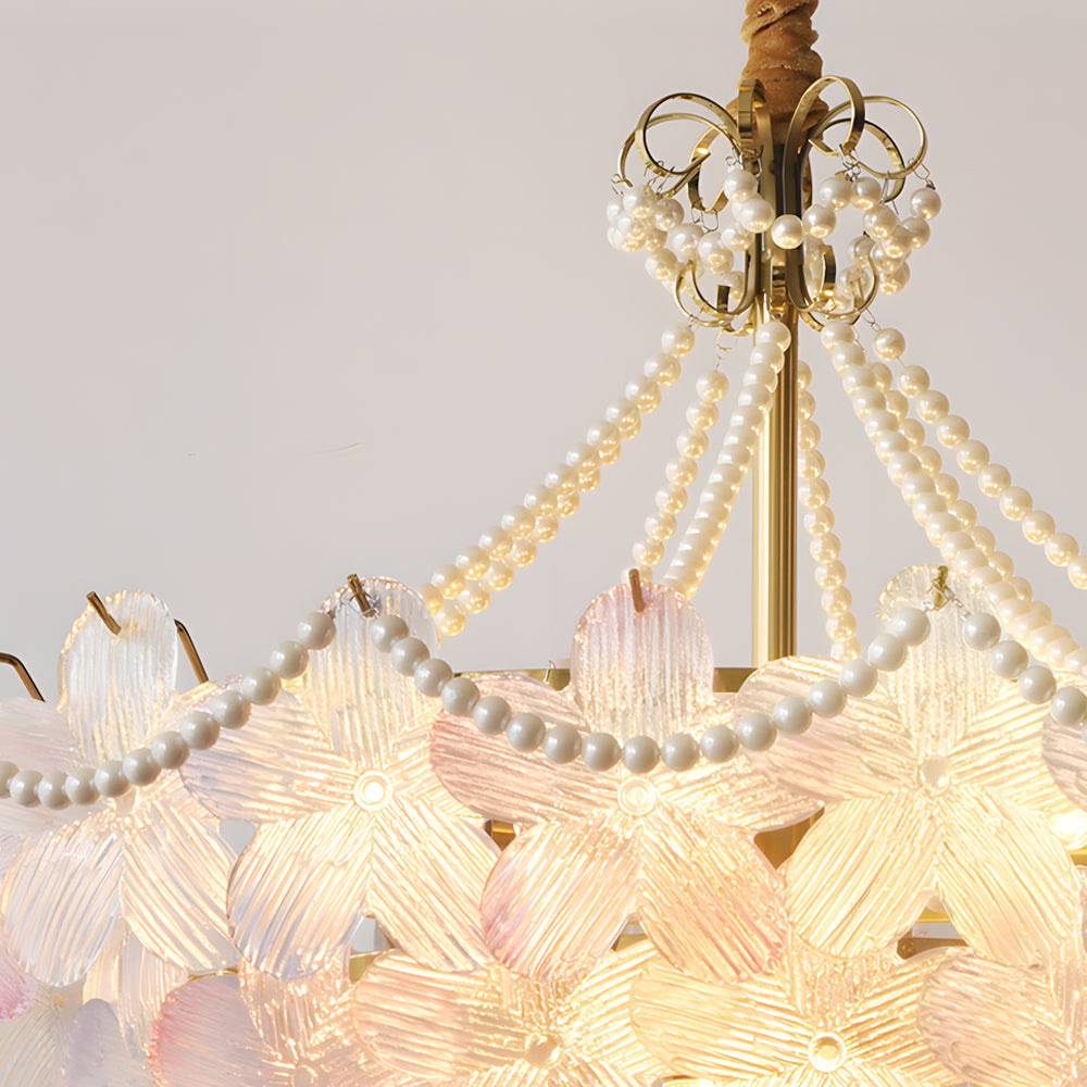 French Floral Tiered Glass Chandelier Modern Gold Metal Pendant Lighting for Bedroom and Living Room