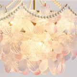 French Floral Tiered Glass Chandelier Modern Gold Metal Pendant Lighting for Bedroom and Living Room