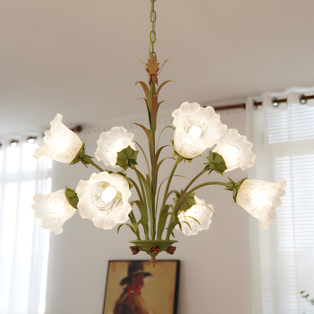 French Pastoral Green Leaf Chandelier with Lily of the Valley Frosted Glass Flower Shades