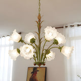 French Pastoral Green Leaf Chandelier with Lily of the Valley Frosted Glass Flower Shades