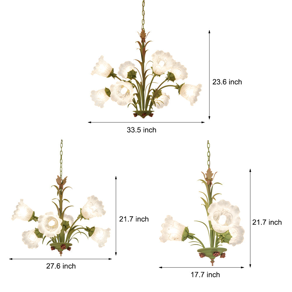 French Pastoral Green Leaf Chandelier with Lily of the Valley Frosted Glass Flower Shades