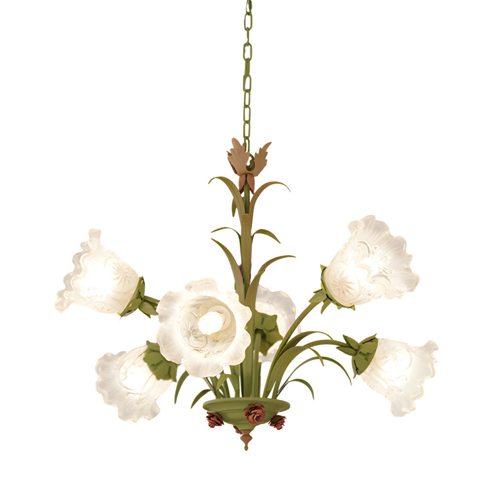 French Pastoral Green Leaf Chandelier with Lily of the Valley Frosted Glass Flower Shades