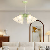 French Style 6 Head Floral Chandelier Green and White Glass Leaf Ceiling Light with 3 Step Dimming