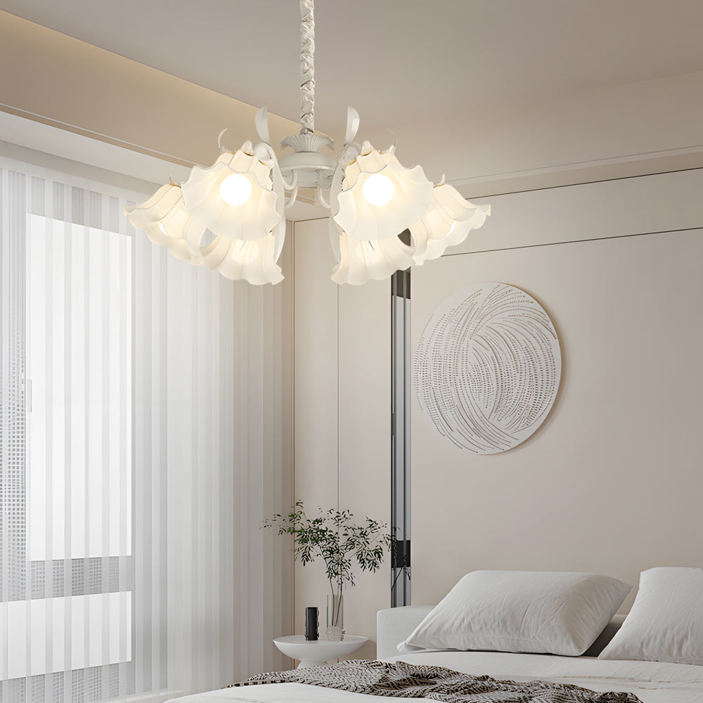 French Style 6 Head Floral Chandelier Green and White Glass Leaf Ceiling Light with 3 Step Dimming