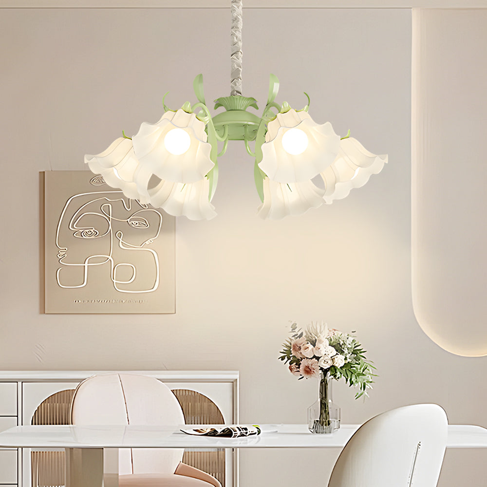 French Style 6 Head Floral Chandelier Green and White Glass Leaf Ceiling Light with 3 Step Dimming