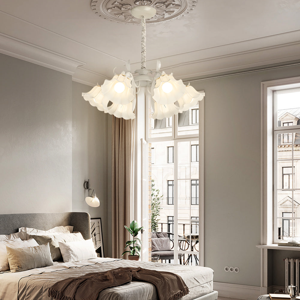 French Style 6 Head Floral Chandelier Green and White Glass Leaf Ceiling Light with 3 Step Dimming