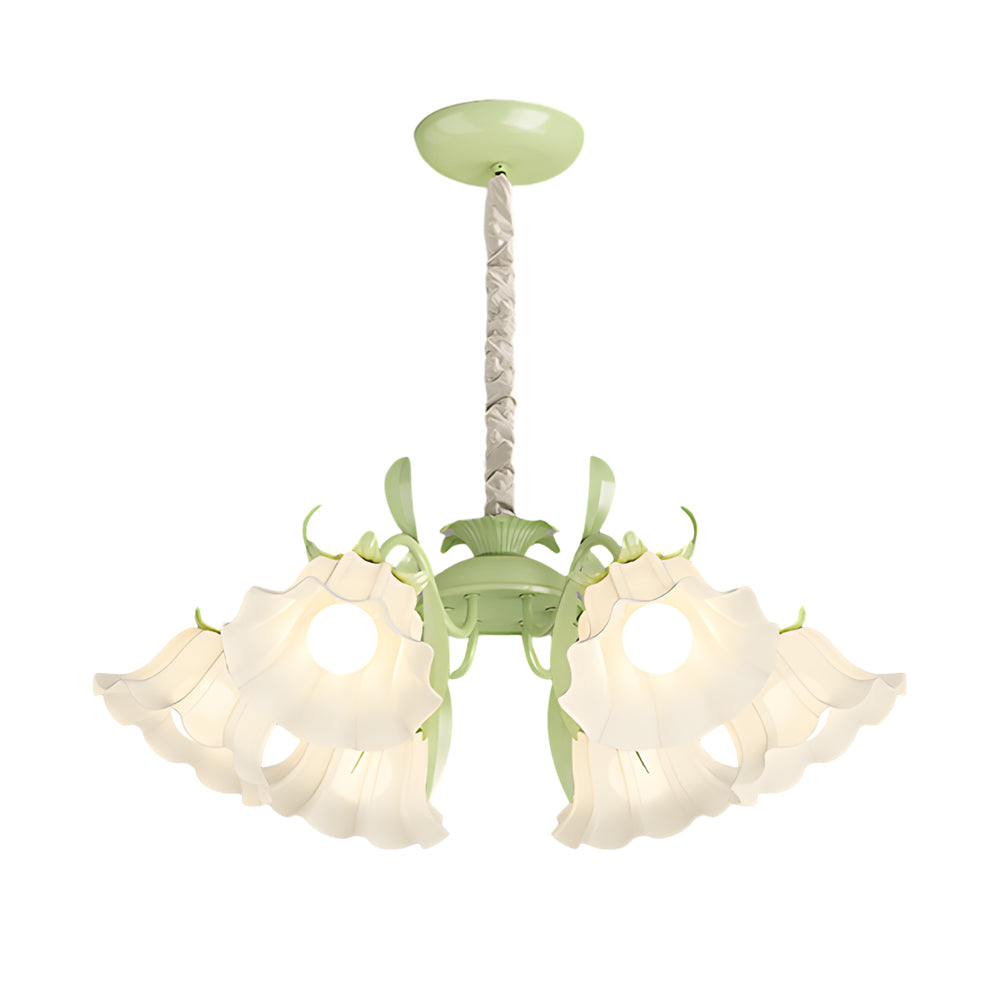 French Style 6 Head Floral Chandelier Green and White Glass Leaf Ceiling Light with 3 Step Dimming