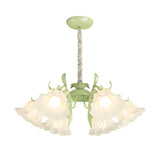 French Style 6 Head Floral Chandelier Green and White Glass Leaf Ceiling Light with 3 Step Dimming
