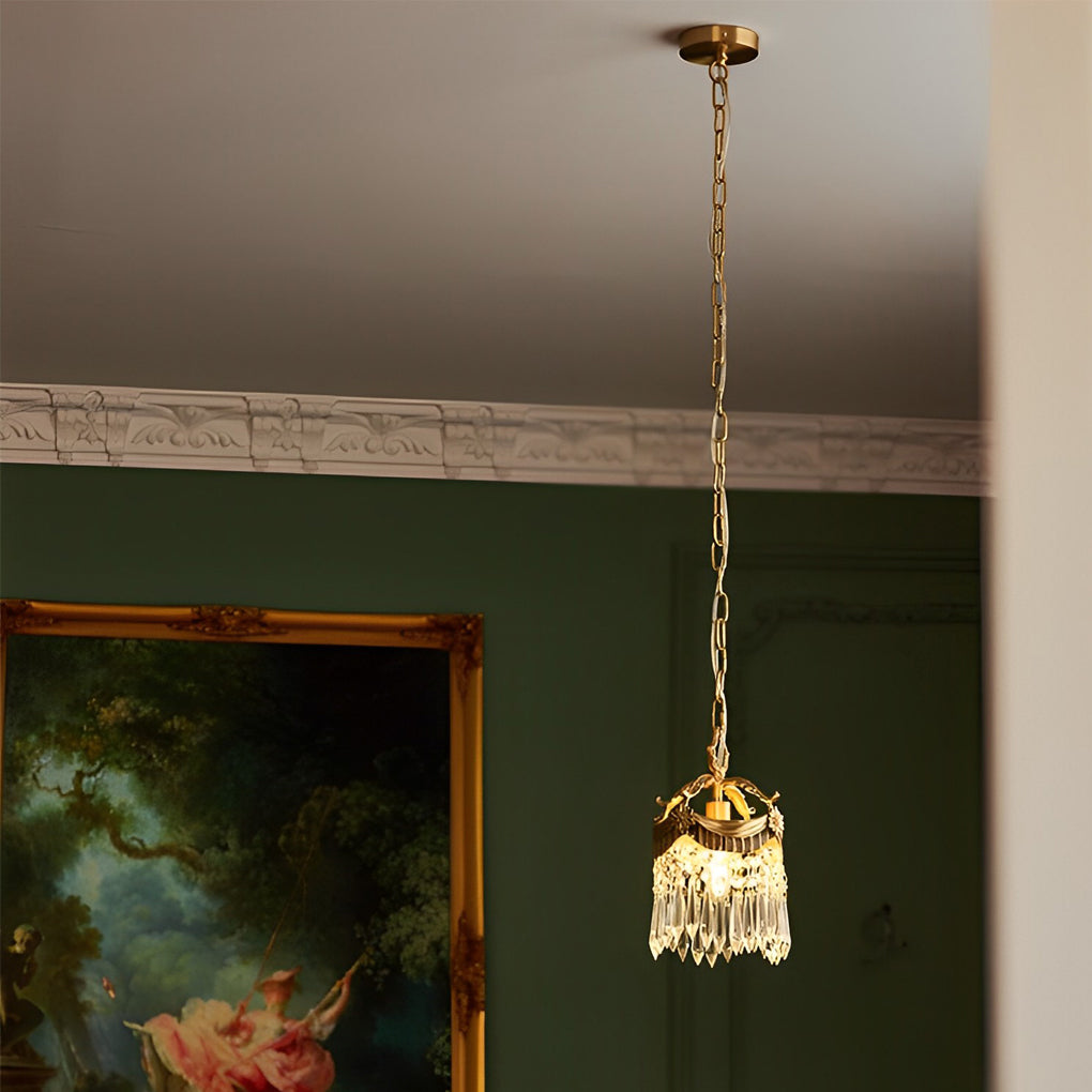 French Style Copper Crystal Pendant Light Three Color Dimming Hanging Lamp for Bedroom