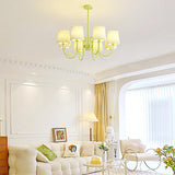 French Style Retro Green Chandelier with Pleated Fabric Shades Pastoral Hanging Ceiling Light