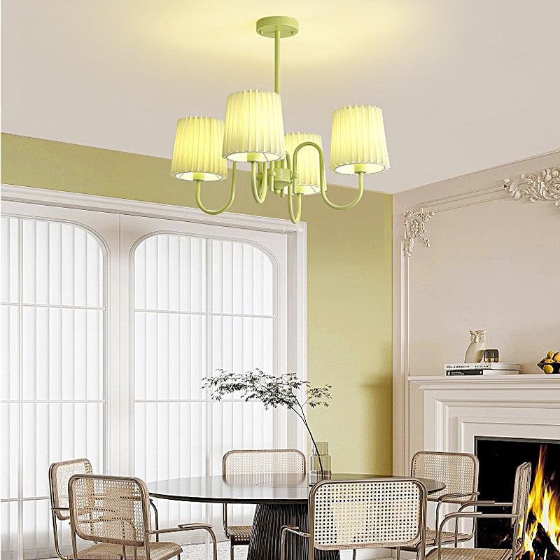 French Style Retro Green Chandelier with Pleated Fabric Shades Pastoral Hanging Ceiling Light