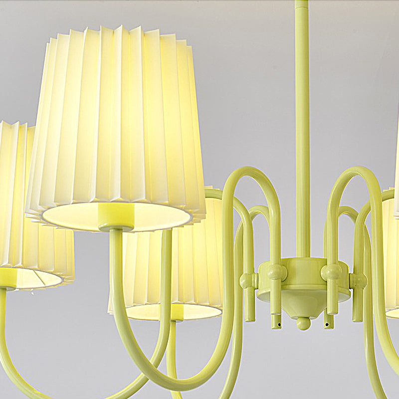 French Style Retro Green Chandelier with Pleated Fabric Shades Pastoral Hanging Ceiling Light
