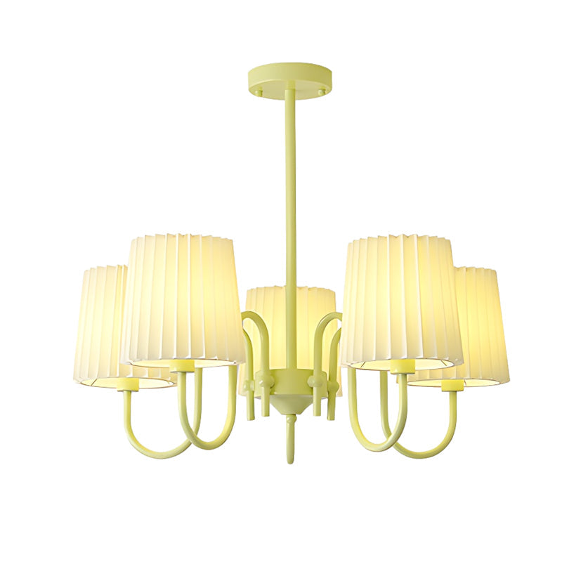 French Style Retro Green Chandelier with Pleated Fabric Shades Pastoral Hanging Ceiling Light