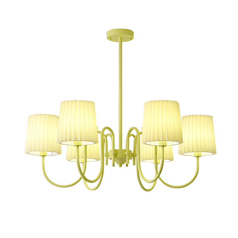 French Style Retro Green Chandelier with Pleated Fabric Shades Pastoral Hanging Ceiling Light