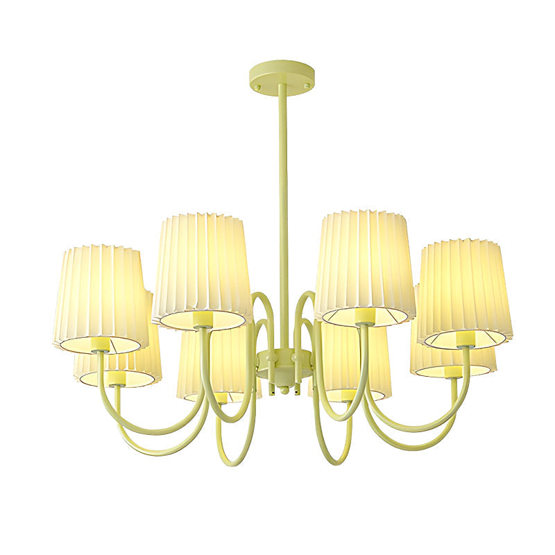 French Style Retro Green Chandelier with Pleated Fabric Shades Pastoral Hanging Ceiling Light