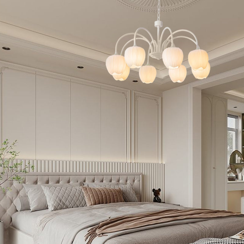 French Style Tulip Flower Milky White Glass Chandelier 3 Step Dimming LED Pendant Ceiling Light for Living Room
