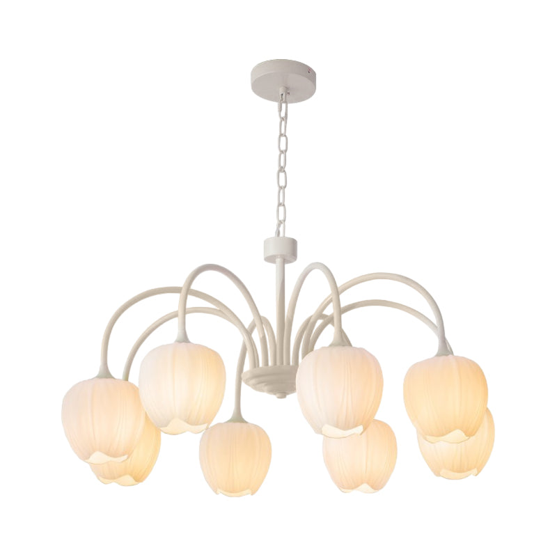 French Style Tulip Flower Milky White Glass Chandelier 3 Step Dimming LED Pendant Ceiling Light for Living Room