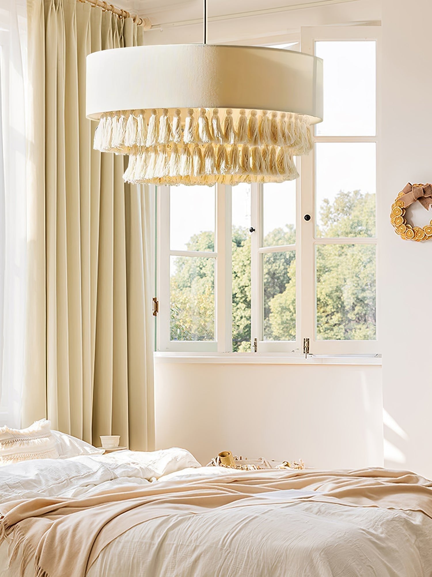 Freya Bohemian Tassel Pendant Light with Hemp Rope and Fabric Shade for Indoor Decor