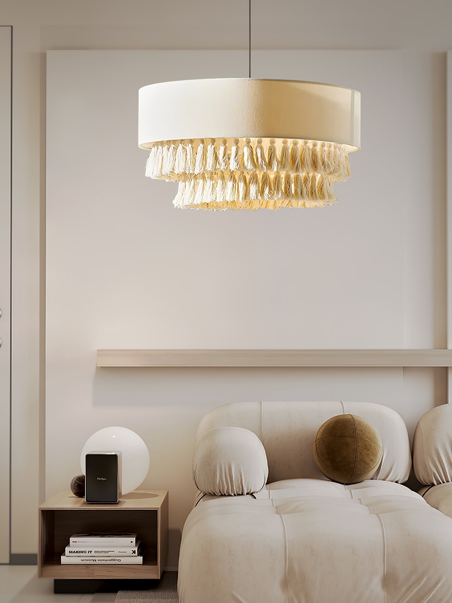 Freya Bohemian Tassel Pendant Light with Hemp Rope and Fabric Shade for Indoor Decor