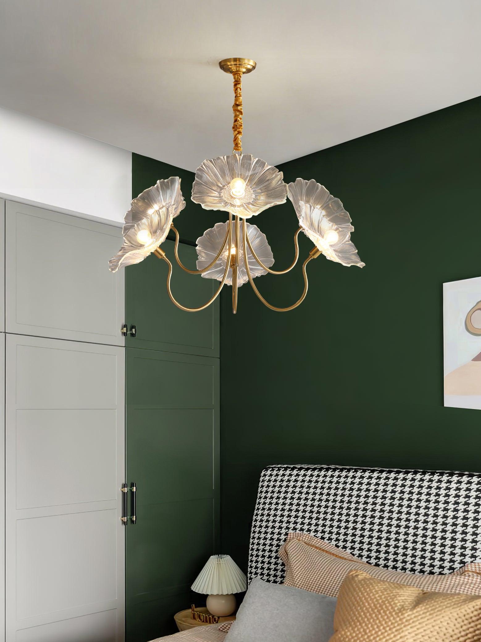 Frosted Lotus Leaf Glass Pendant Light Modern Gold Luxury Ceiling Chandelier for Dining Room