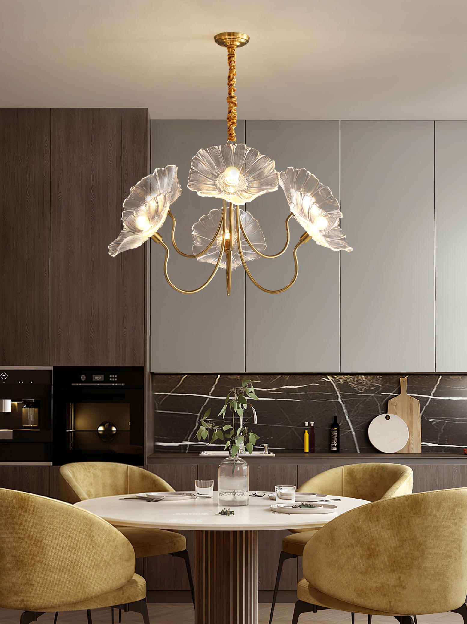Frosted Lotus Leaf Glass Pendant Light Modern Gold Luxury Ceiling Chandelier for Dining Room