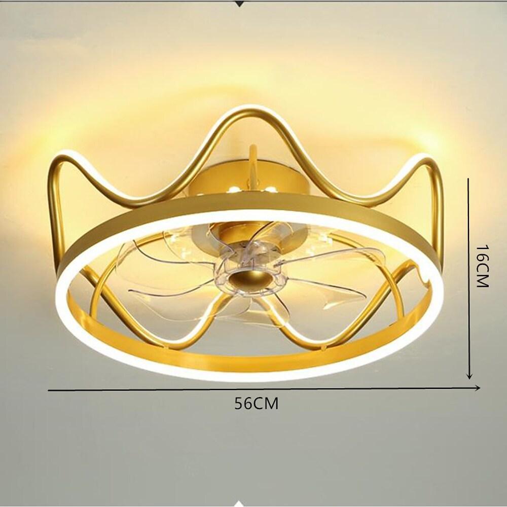 Modern Crown Shape LED Ceiling Fan with Light Dimmable Flush Mount Gold and Black Finish
