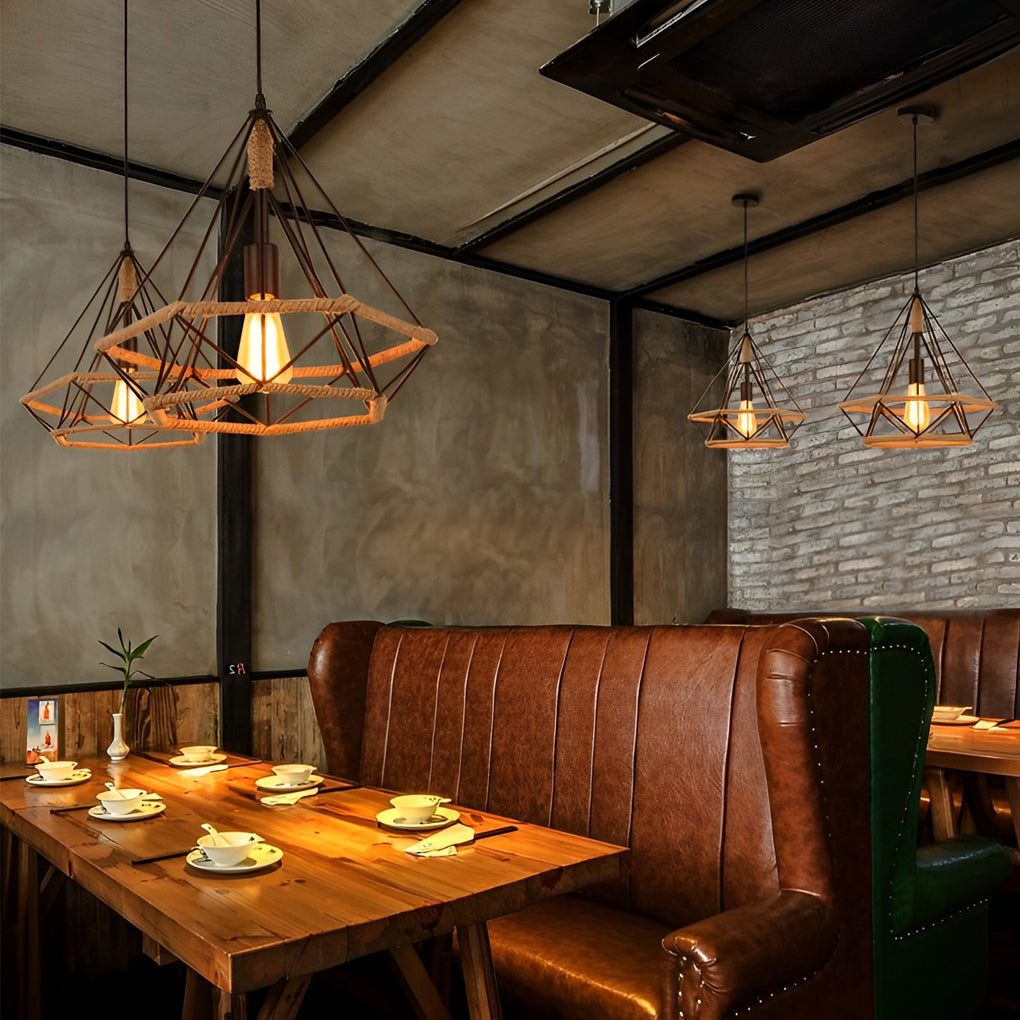 Geometric Black Iron Cage Pendant Lighting Retro Industrial Lantern Chandelier for Modern Home