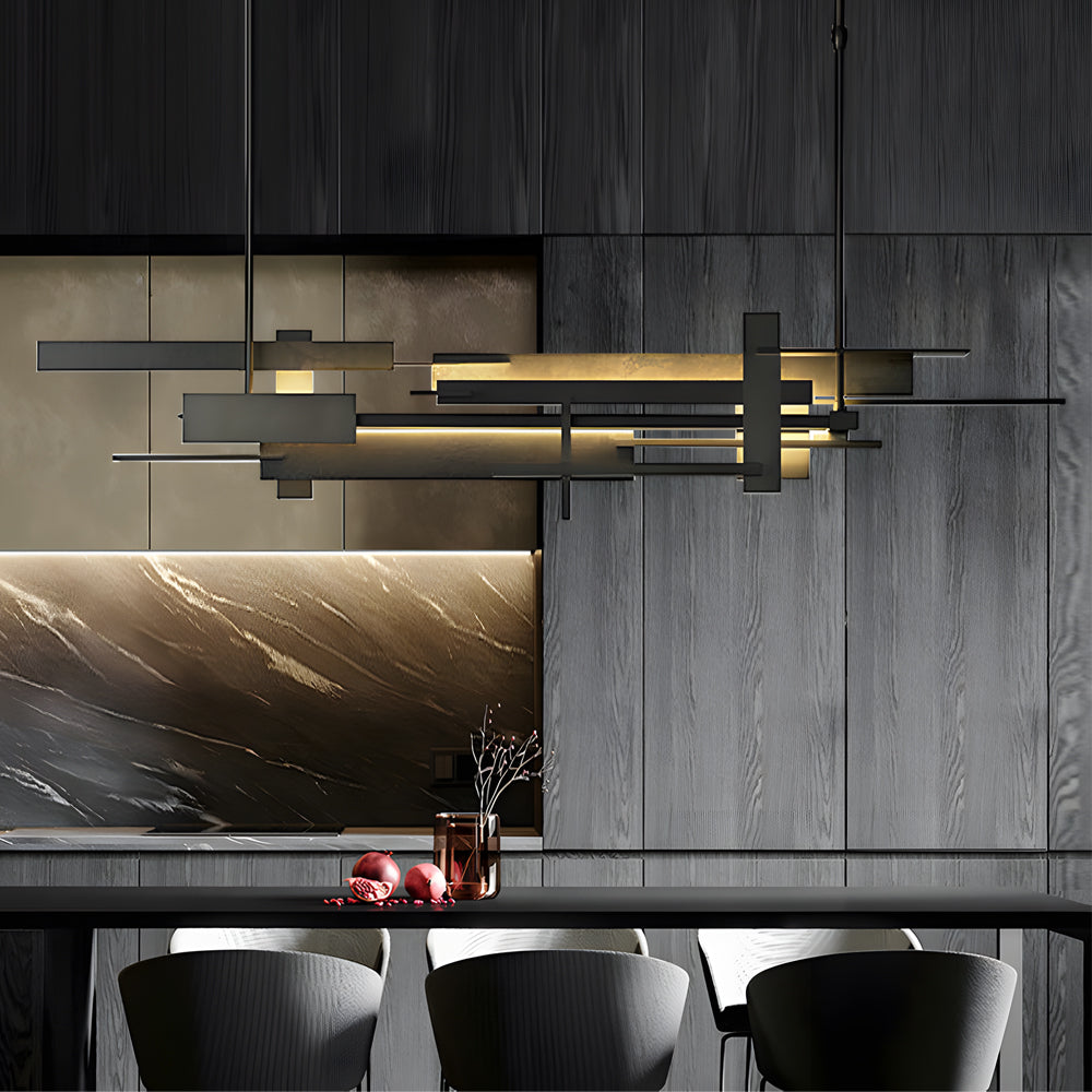 Geometric Black Metal LED Chandelier Modern Irregular Linear Pendant for Dining Room