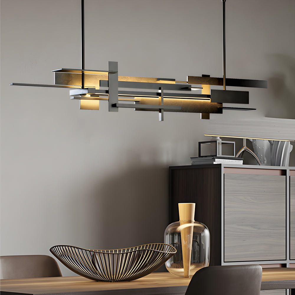 Geometric Black Metal LED Chandelier Modern Irregular Linear Pendant for Dining Room
