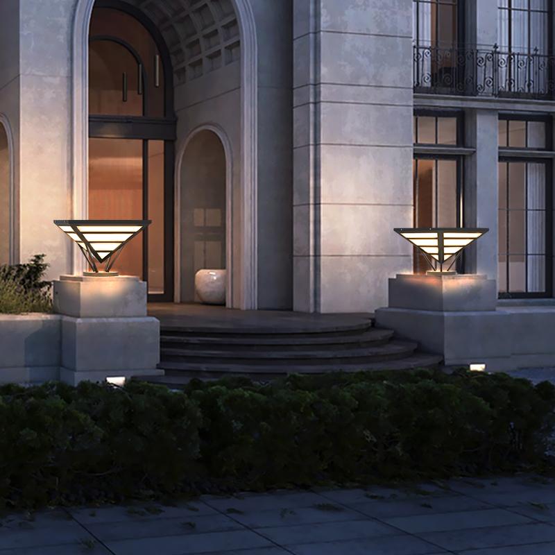 Geometric Gray Aluminum LED Outdoor Post Light Waterproof Modern Pyramid Pillar Lamp