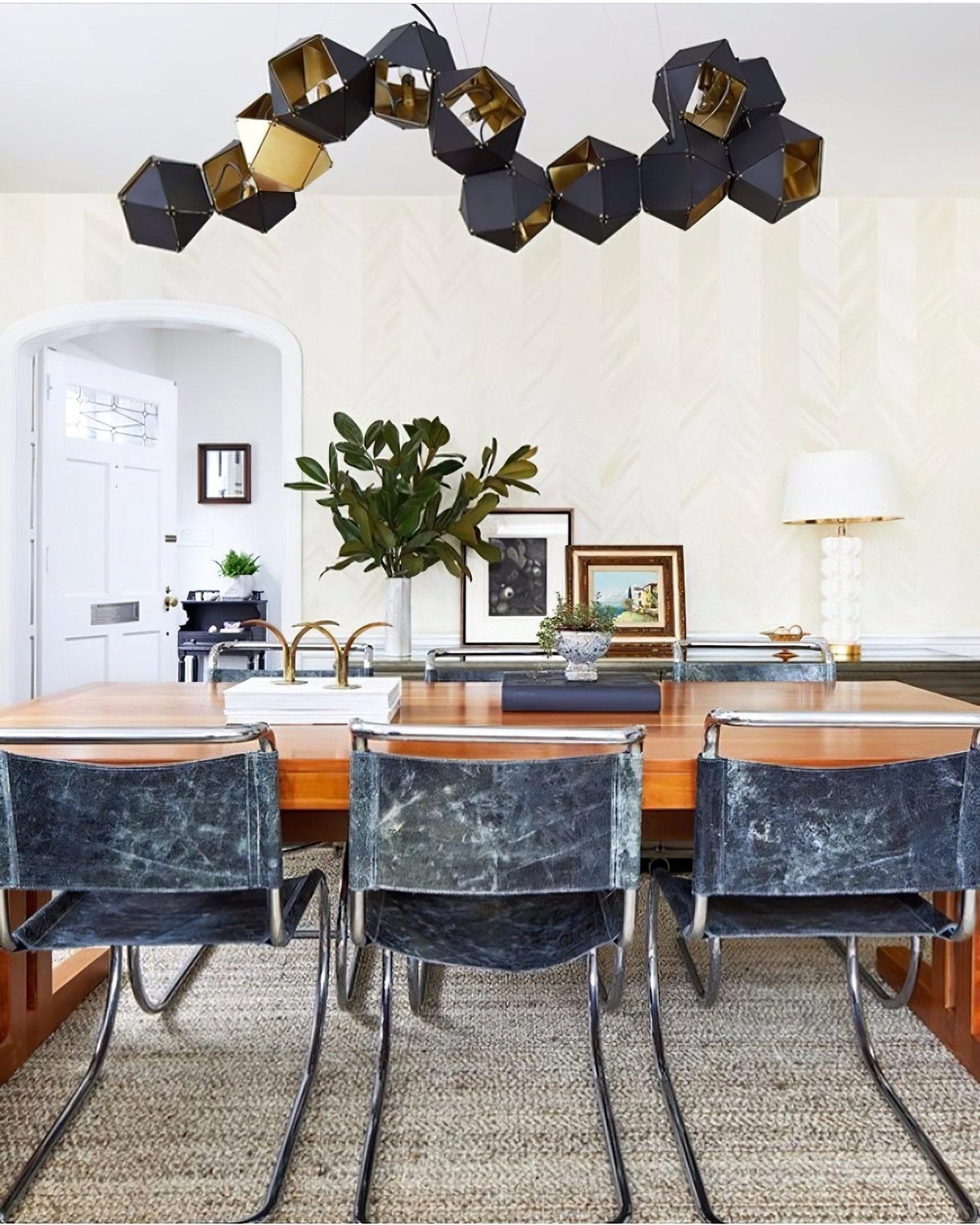 Geometric Hollow Polygon Pendant Light Black Modular Metal Chandelier for Dining Room