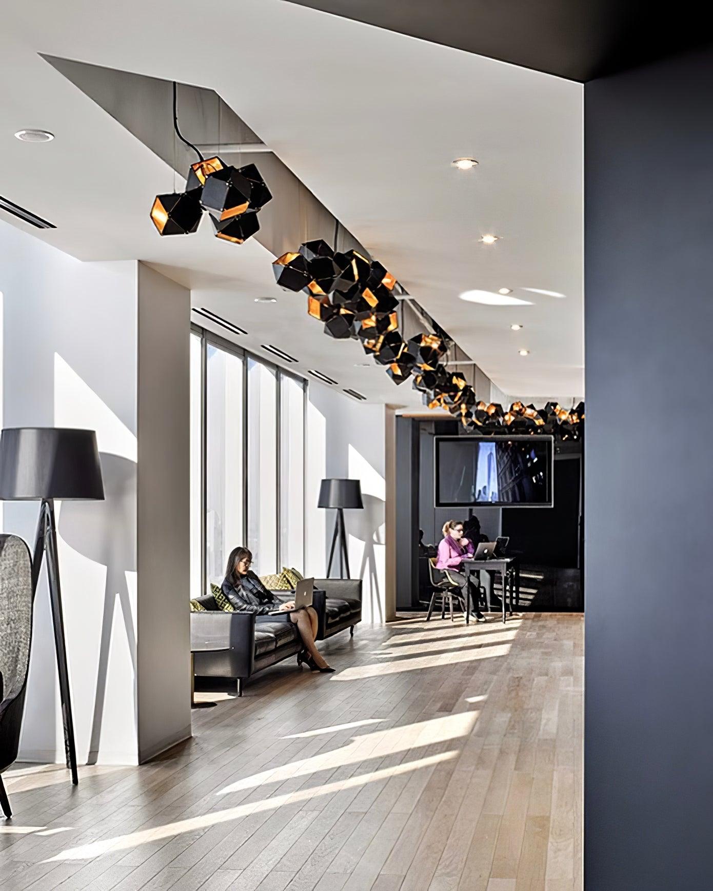 Geometric Hollow Polygon Pendant Light Black Modular Metal Chandelier for Dining Room