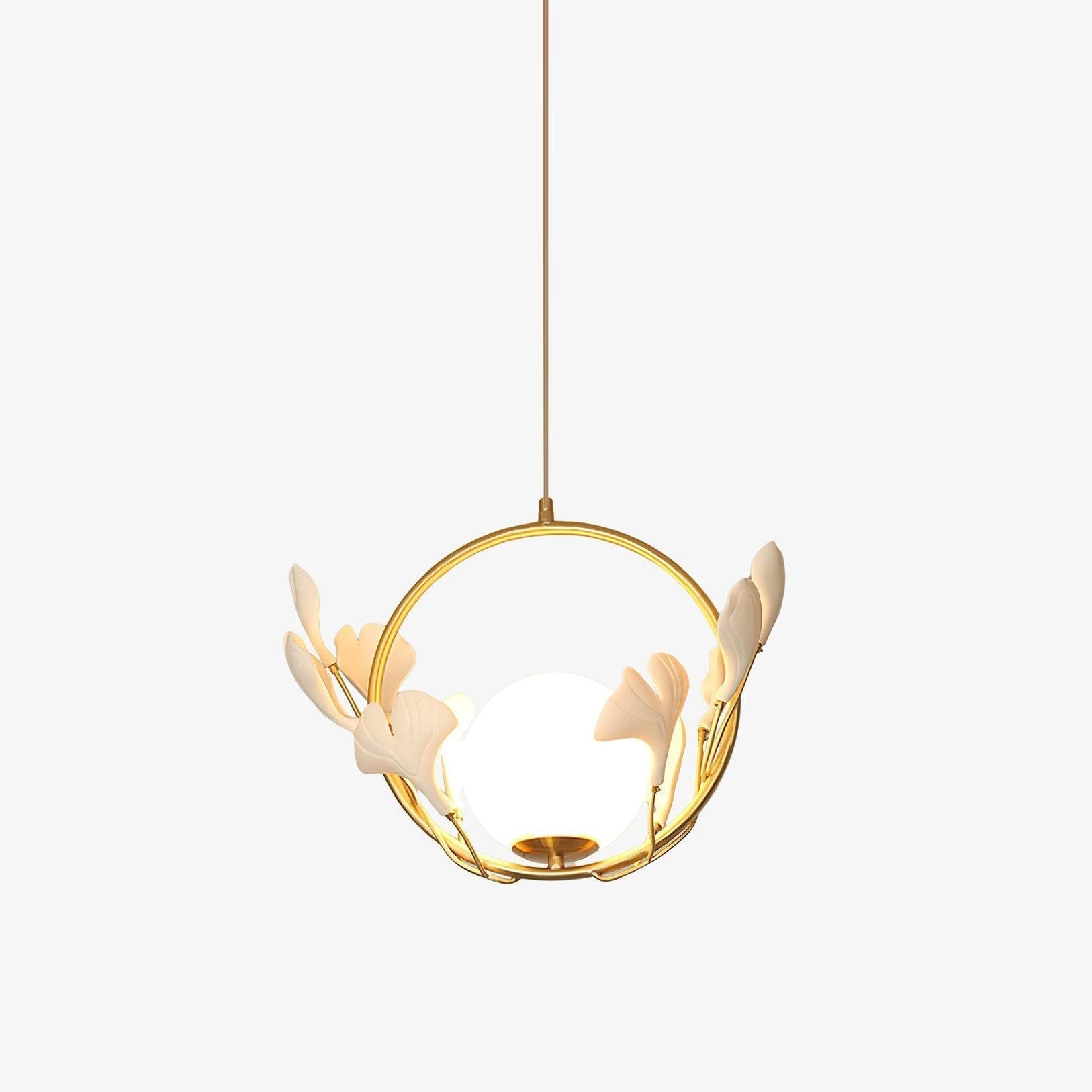 Gingko Leaf Brass Pendant Light Elegant Glass Ball Chandelier for Modern Interior Spaces