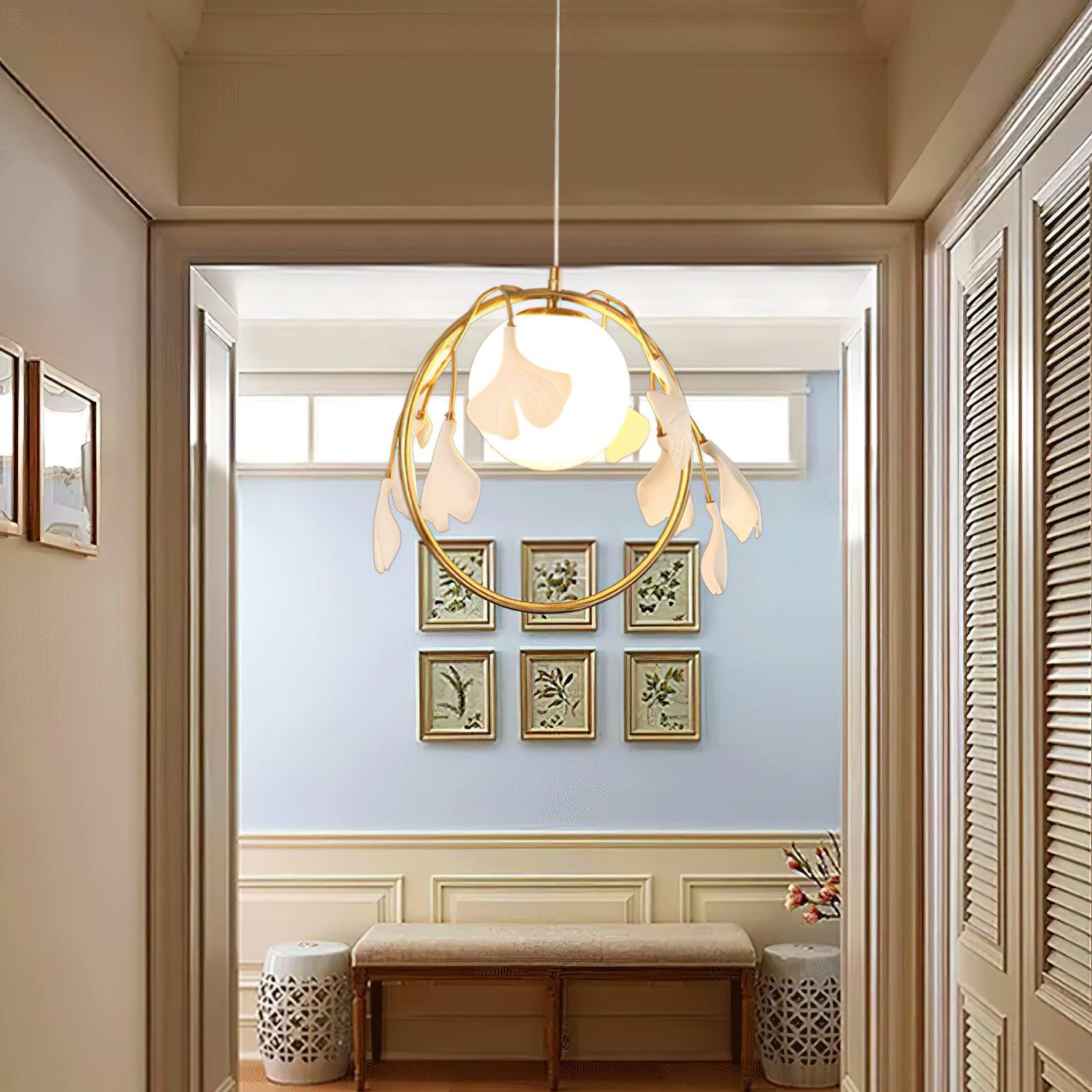 Gingko Leaf Brass Pendant Light Elegant Glass Ball Chandelier for Modern Interior Spaces