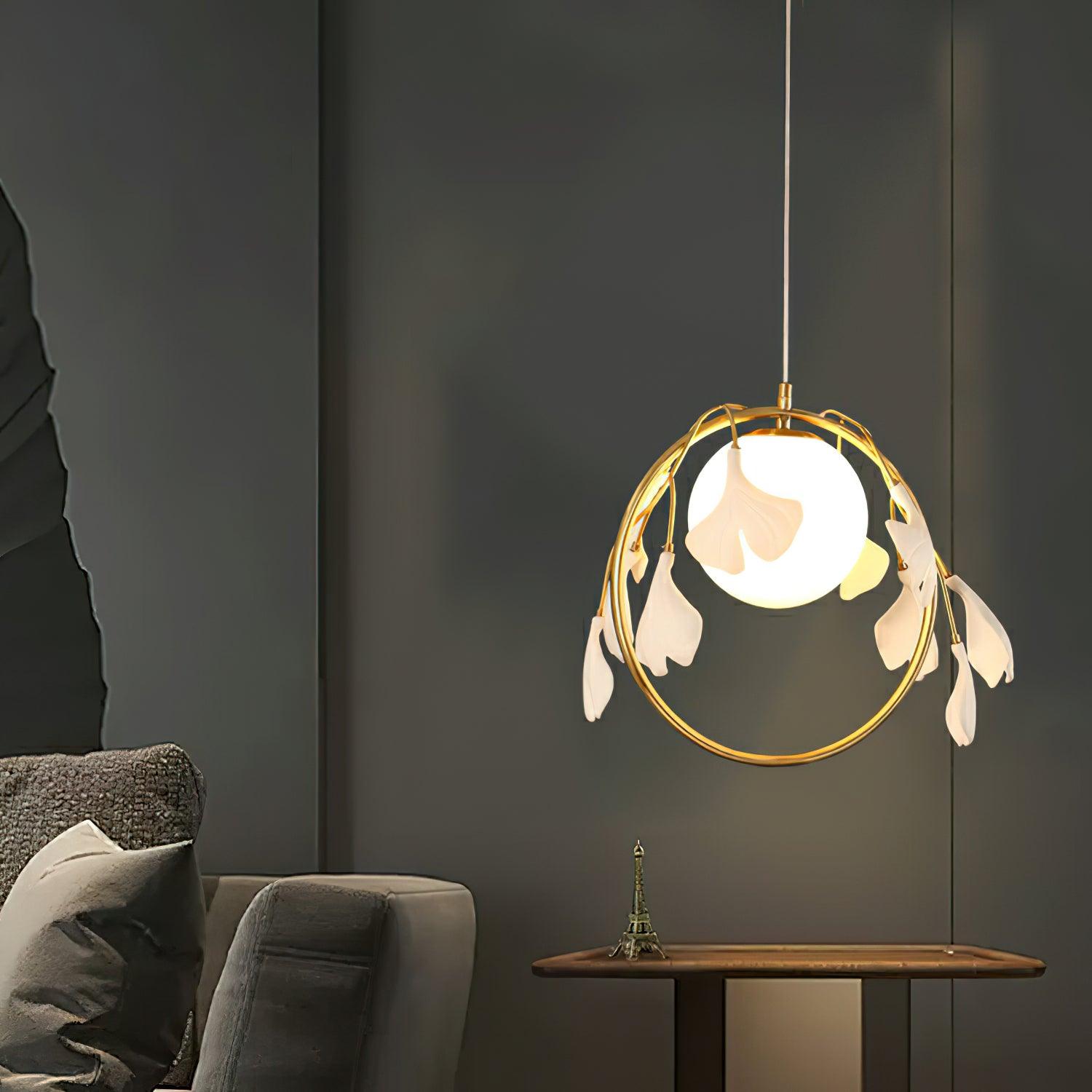 Gingko Leaf Brass Pendant Light Elegant Glass Ball Chandelier for Modern Interior Spaces