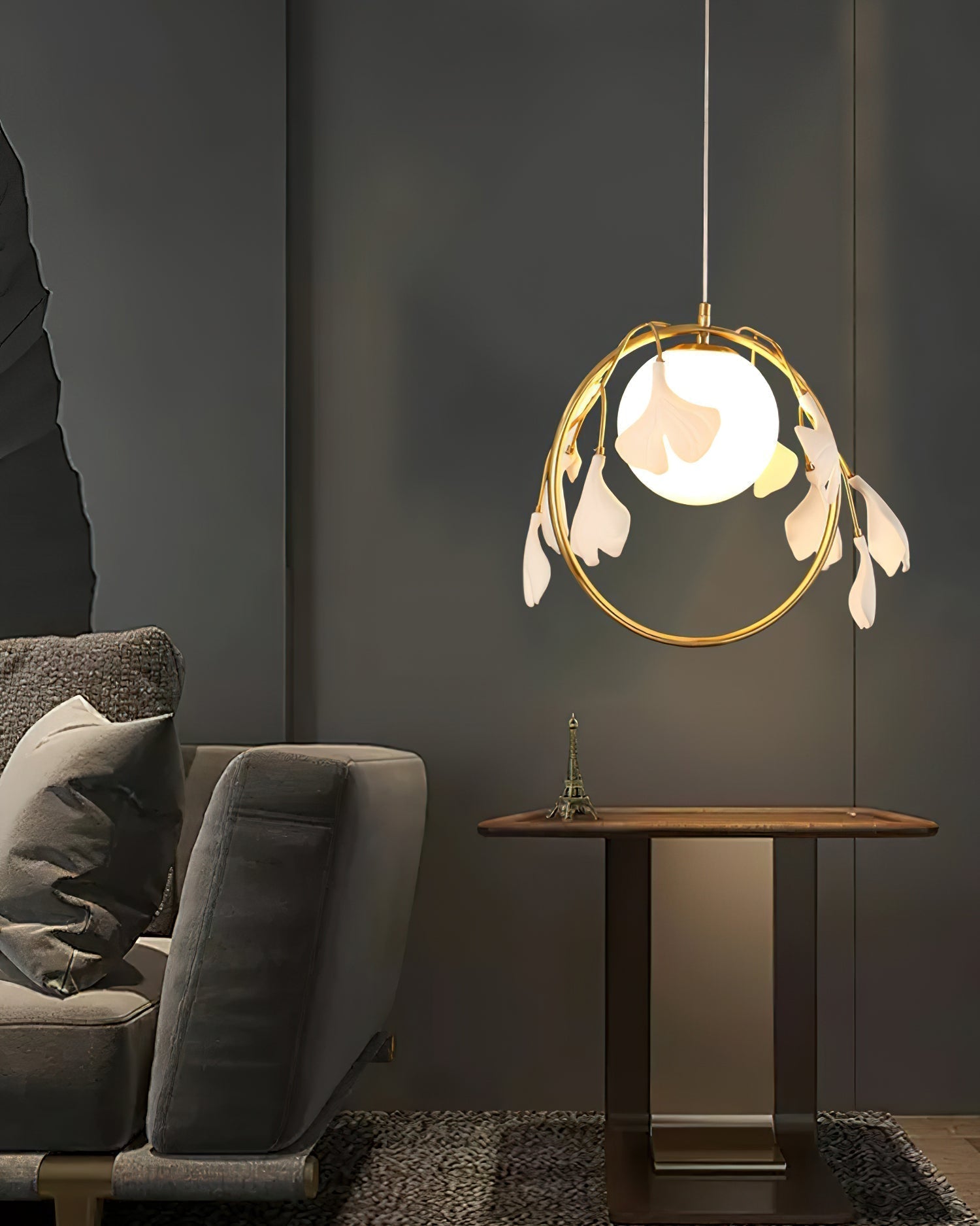 Gingko Leaf Brass Pendant Light Elegant Glass Ball Chandelier for Modern Interior Spaces