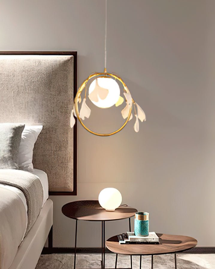 Gingko Leaf Brass Pendant Light Elegant Glass Ball Chandelier for Modern Interior Spaces