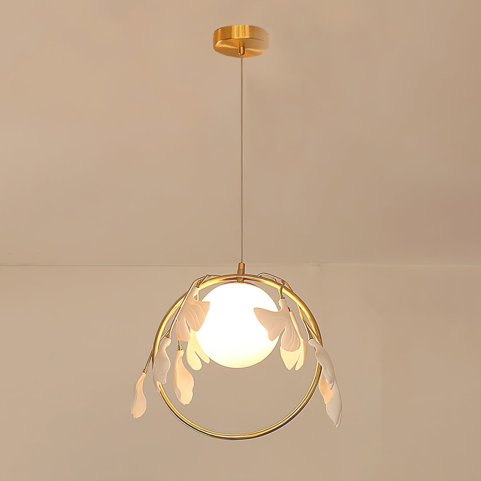 Gingko Leaf Brass Pendant Light Elegant Glass Ball Chandelier for Modern Interior Spaces