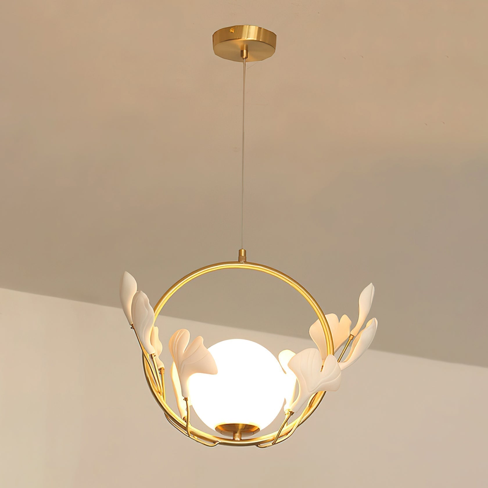 Gingko Leaf Brass Pendant Light Elegant Glass Ball Chandelier for Modern Interior Spaces