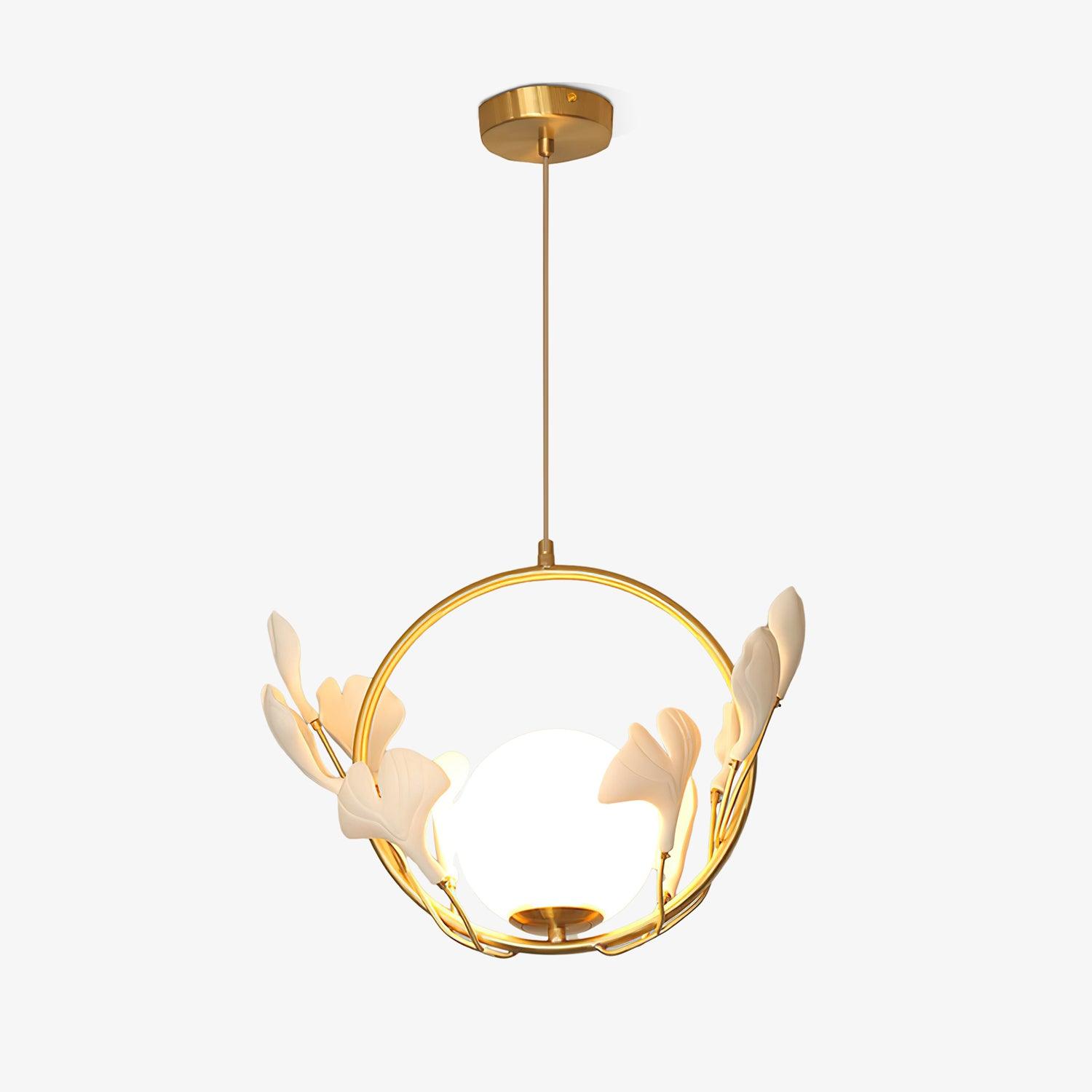 Gingko Leaf Brass Pendant Light Elegant Glass Ball Chandelier for Modern Interior Spaces