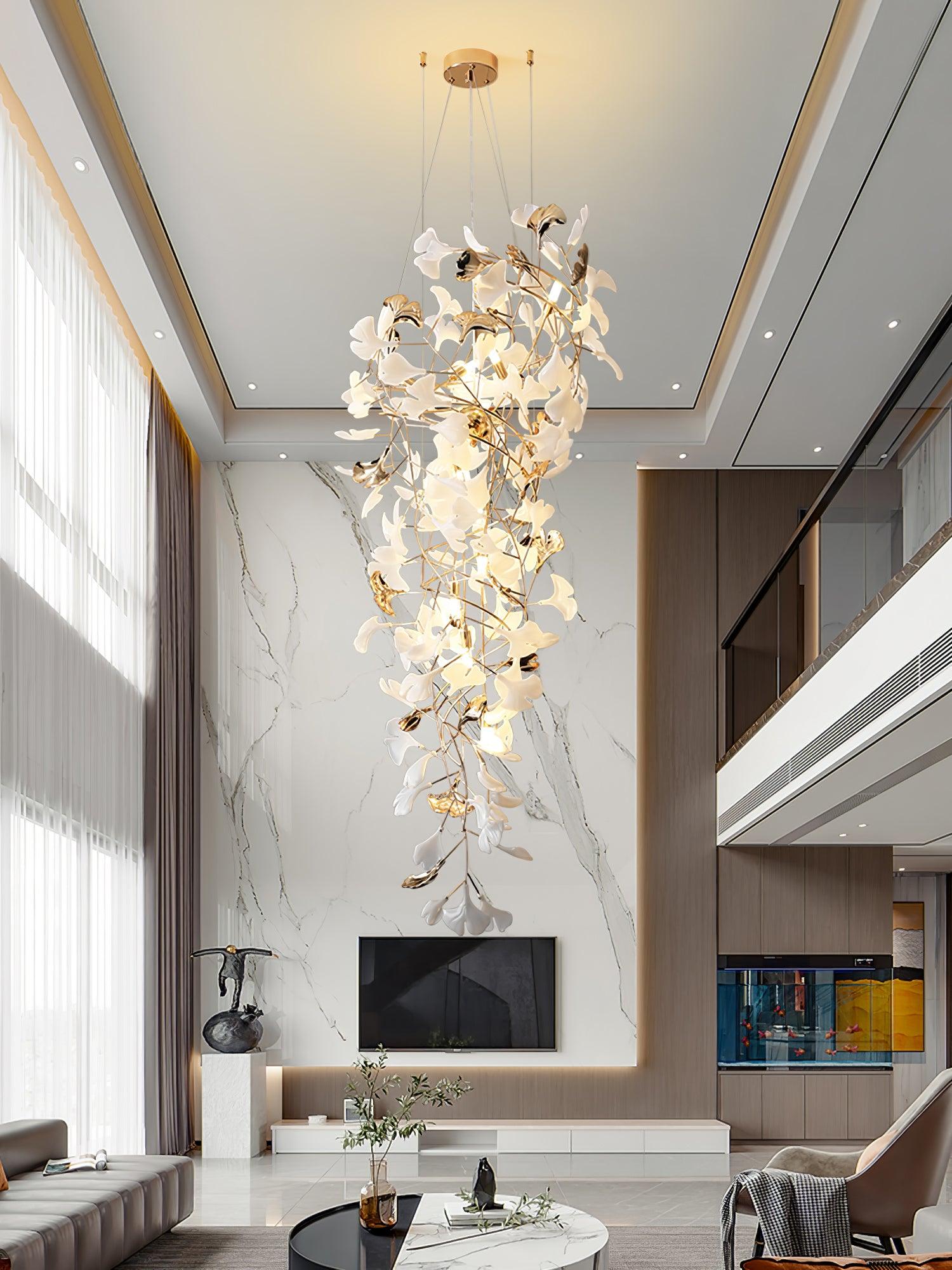 Gingko Leaf Porcelain Crown Chandelier Elegant Ceramic Pendant Light for Luxury Interiors