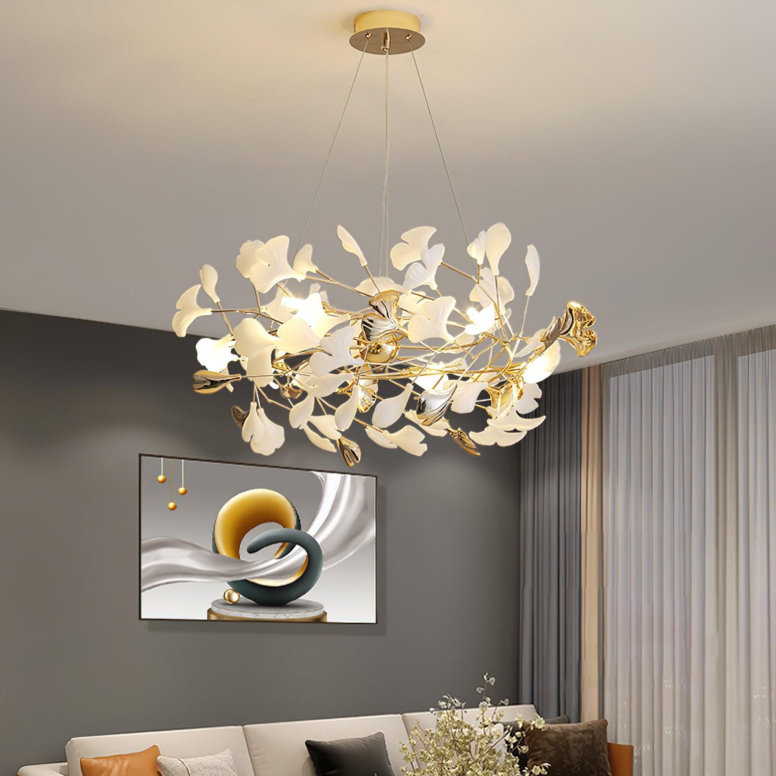 Ginkgo Leaf Ceramic Chandelier Modern Luxury Porcelain Pendant Light for Elegant Interior Spaces