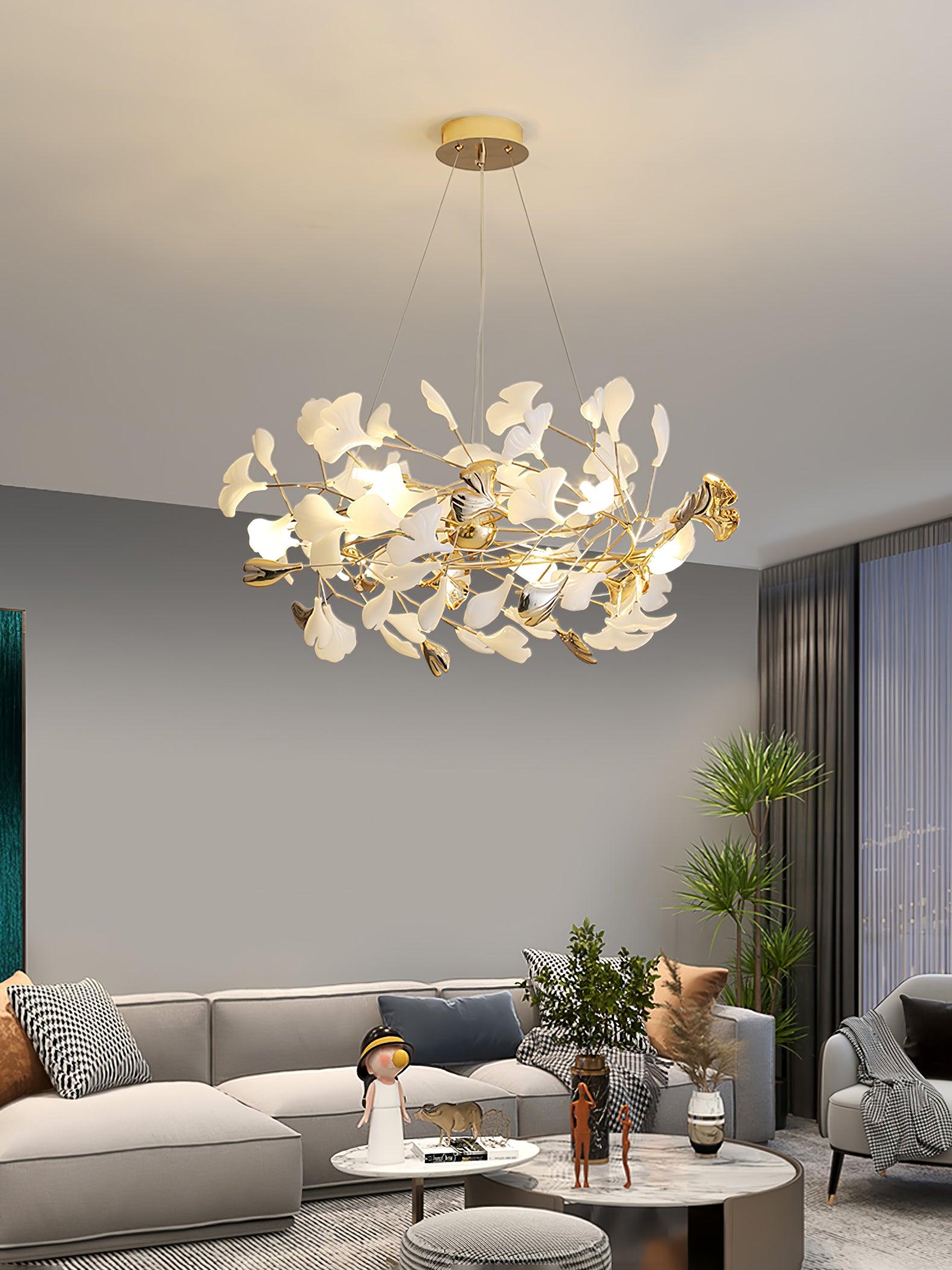 Ginkgo Leaf Ceramic Chandelier Modern Luxury Porcelain Pendant Light for Elegant Interior Spaces