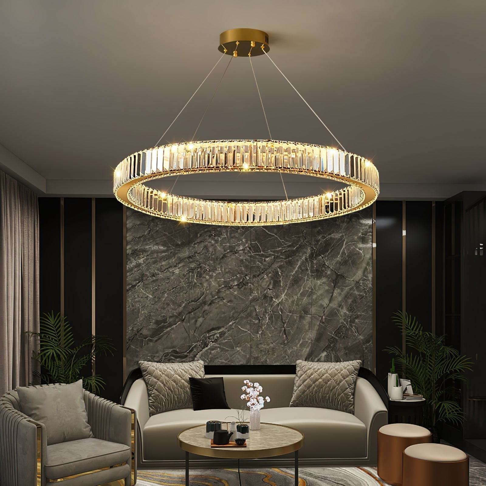 Gold Crystal Ring LED Crown Chandelier Modern Multi Tier Hanging Pendant Lamp