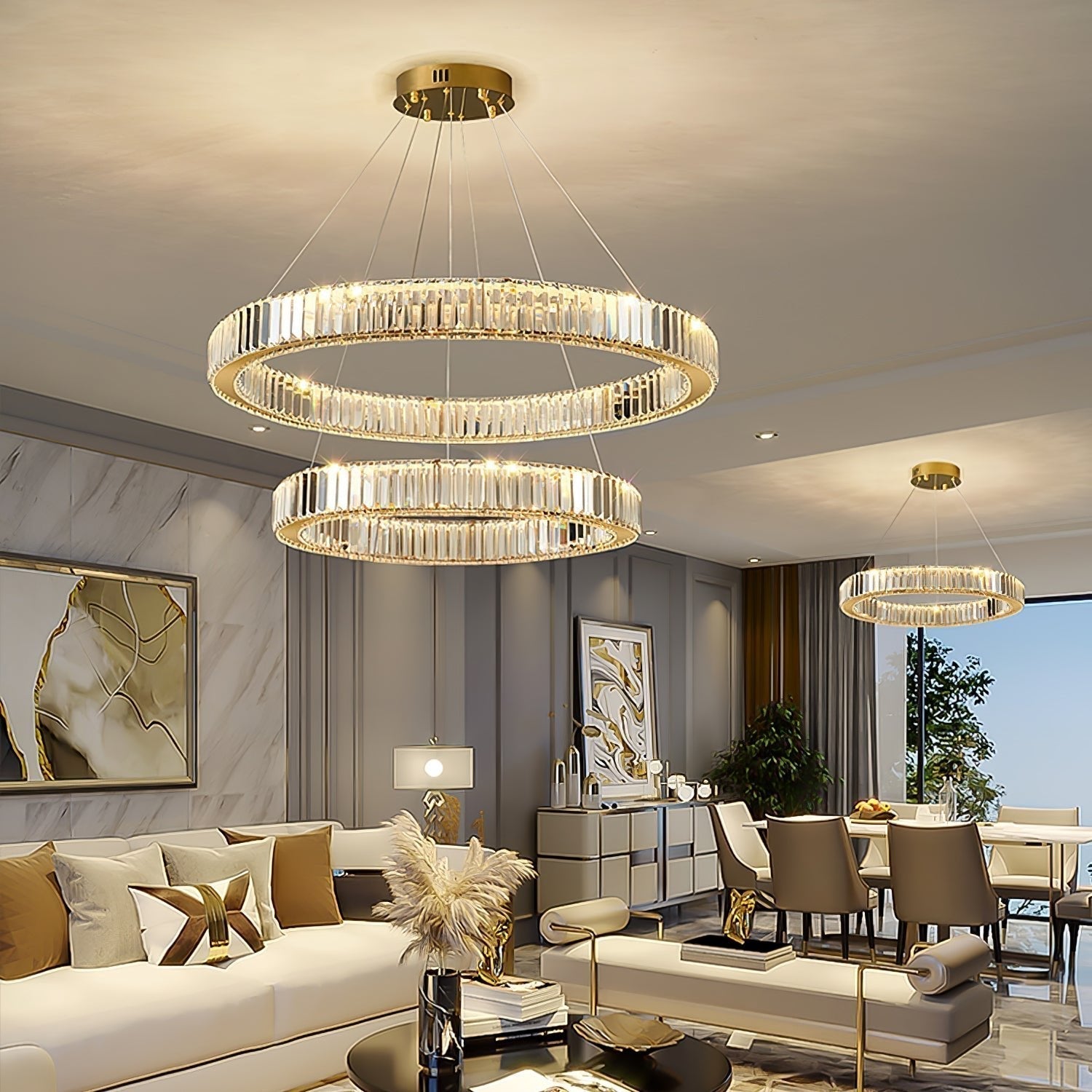 Gold Crystal Ring LED Crown Chandelier Modern Multi Tier Hanging Pendant Lamp